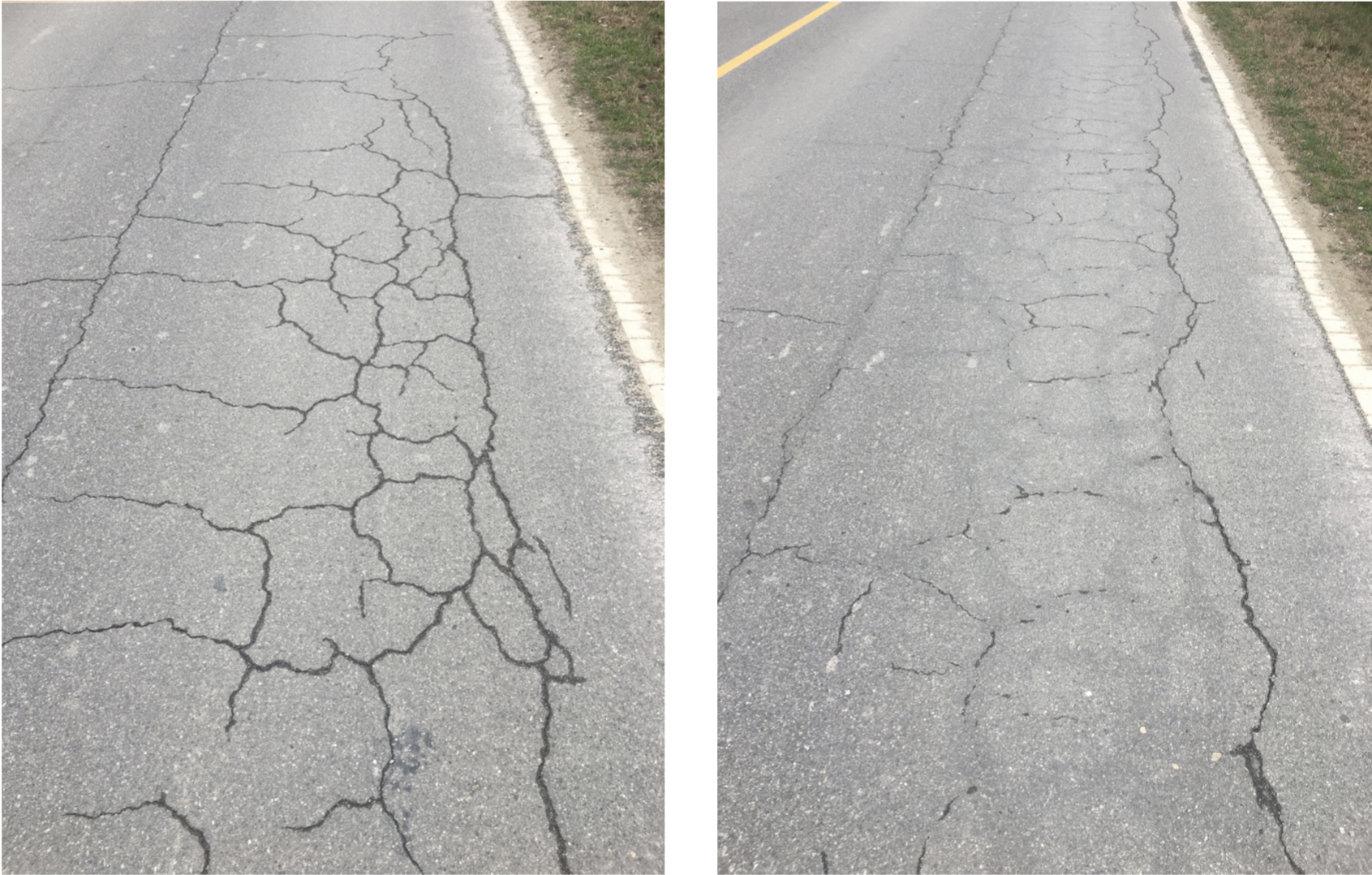 Figure 2. Micro surfacing sections: stand-alone (left) and with crack sealing (right).