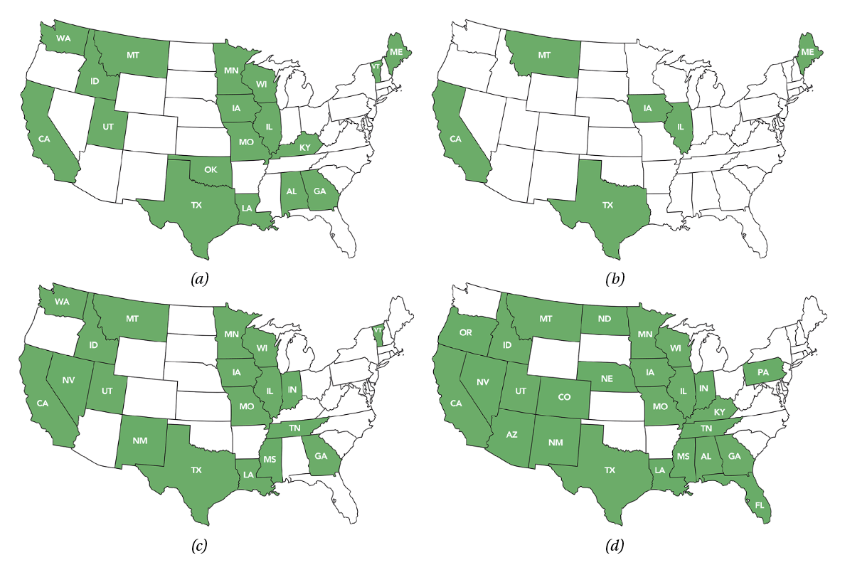 Figure 1. State DOTs using HWTT for (a) Mix Design Approval, (b) Production Acceptance, (c) Forensic Analysis, and  (d) Research Evaluation.
